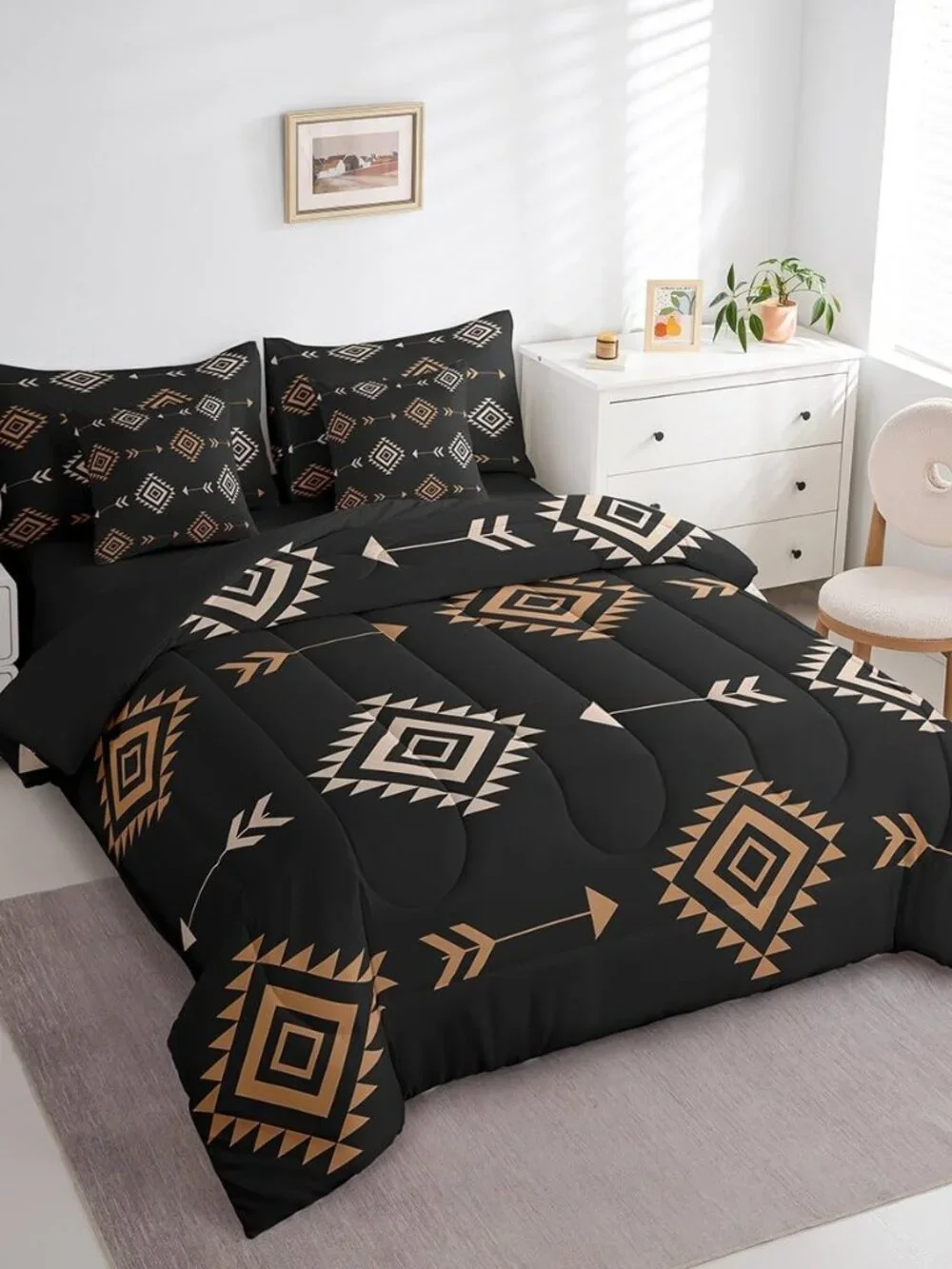 Boho Western Comforter Set with Sheets Brown Black Southwestern Aztec Tribal Que